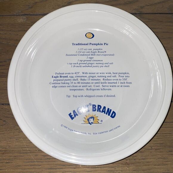 EAGLE BRAND Pie Plate Traditional Pumpkin Pie Recipe by Woodmere China 1999 - Picture 1 of 4